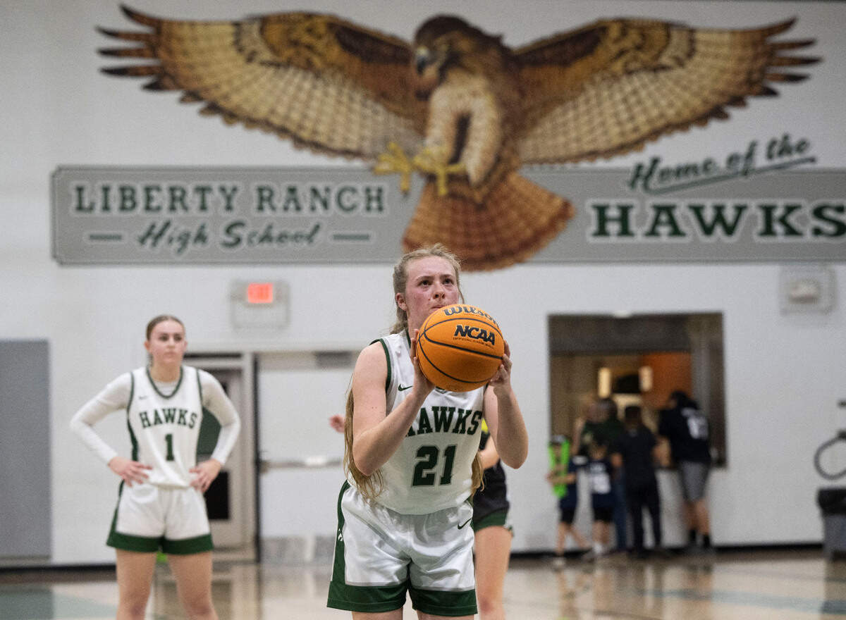 Liberty Ranch’s Haley Smith shoots a free throw during a CIF girls basketball playoff game against Sonora at Liberty Ranch High School in Galt on Tuesday.