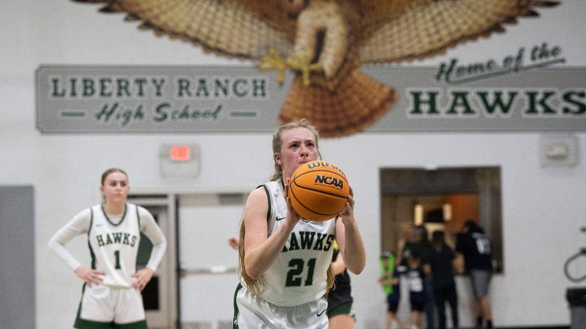 Liberty Ranch’s Haley Smith shoots a free throw during a 2024 CIF girls basketball playoff game against Sonora in Galt.