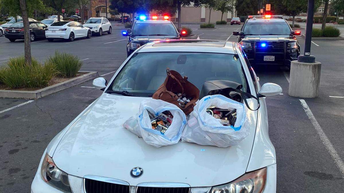 Woodland police say the occupants of this BMW led officers on a chase after stealing $1,900 in makeup from a Rite Aid Saturday, March 19, 2022.