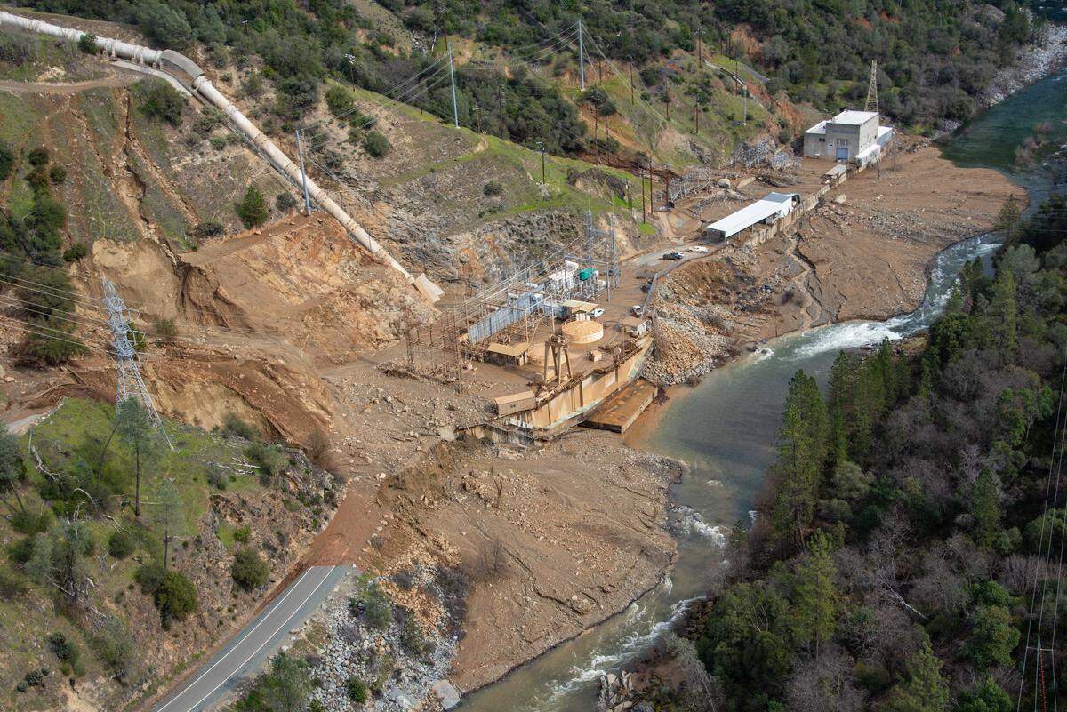 An aerial survey of Yuba Water Agency’s New Colgate Powerhouse, penstock and surrounding areas in Dobbins following the failure of the agency’s penstock pipeline, which moves water from New Bullards Bar Dam and Reservoir to New Colgate Powerhouse on the North Yuba River. Yuba Water Agency officials estimated that 71,000 cubic yards of sediment collected in three main piles, including two that stretch into the North Yuba River. 