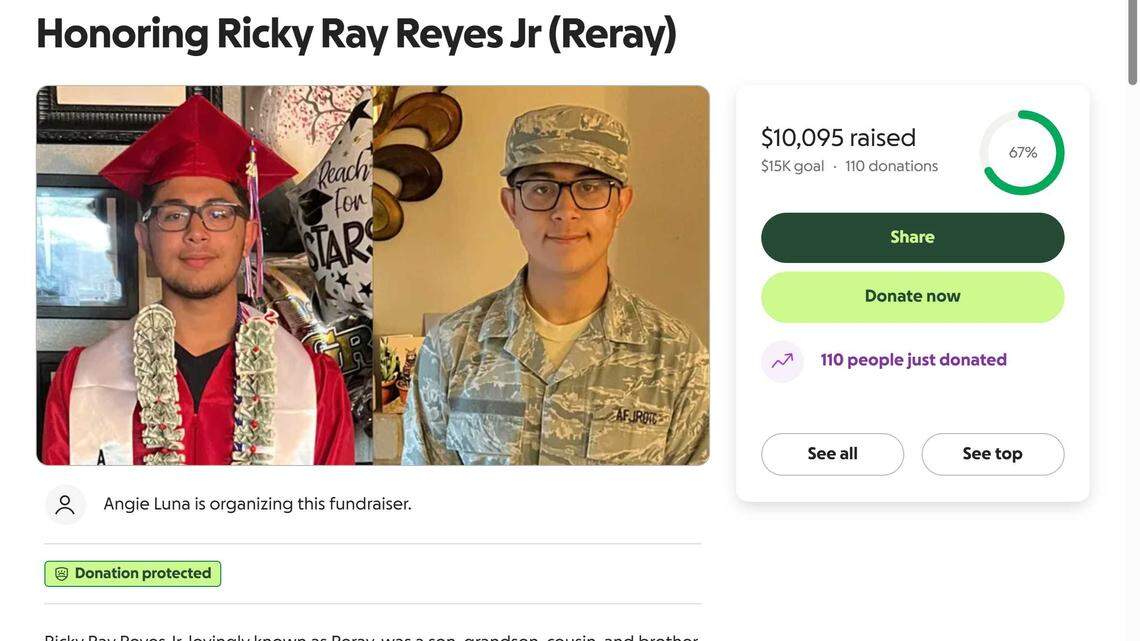 A screenshot from the GoFundMe page for Ricky Ray Reyes Jr., 19, of North Highlands, who was killed in a suspected DUI crash in North Natomas. His family is raising funds to cover funeral expenses and honor his memory.