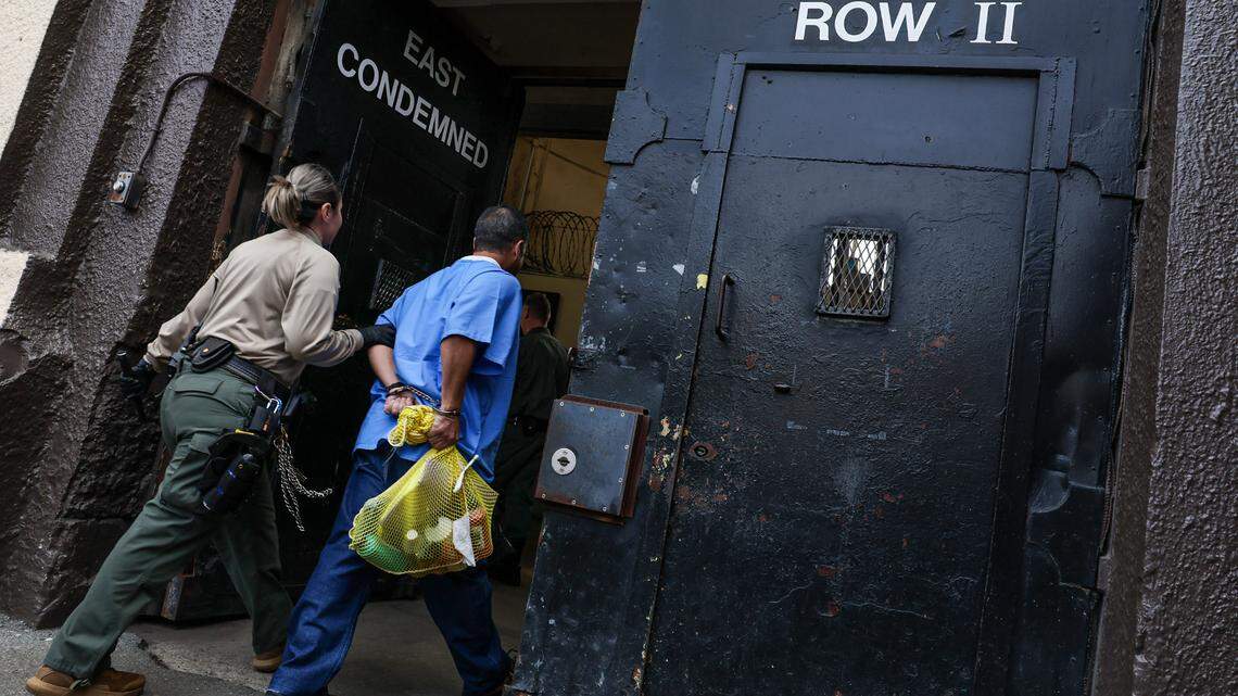 A condemned inmate is led to his cell in San Quentin’s death row on March 25, 2024. California is shutting down death row and transferring 471 condemned people out of the prison and into the general population at other prisons throughout the state.