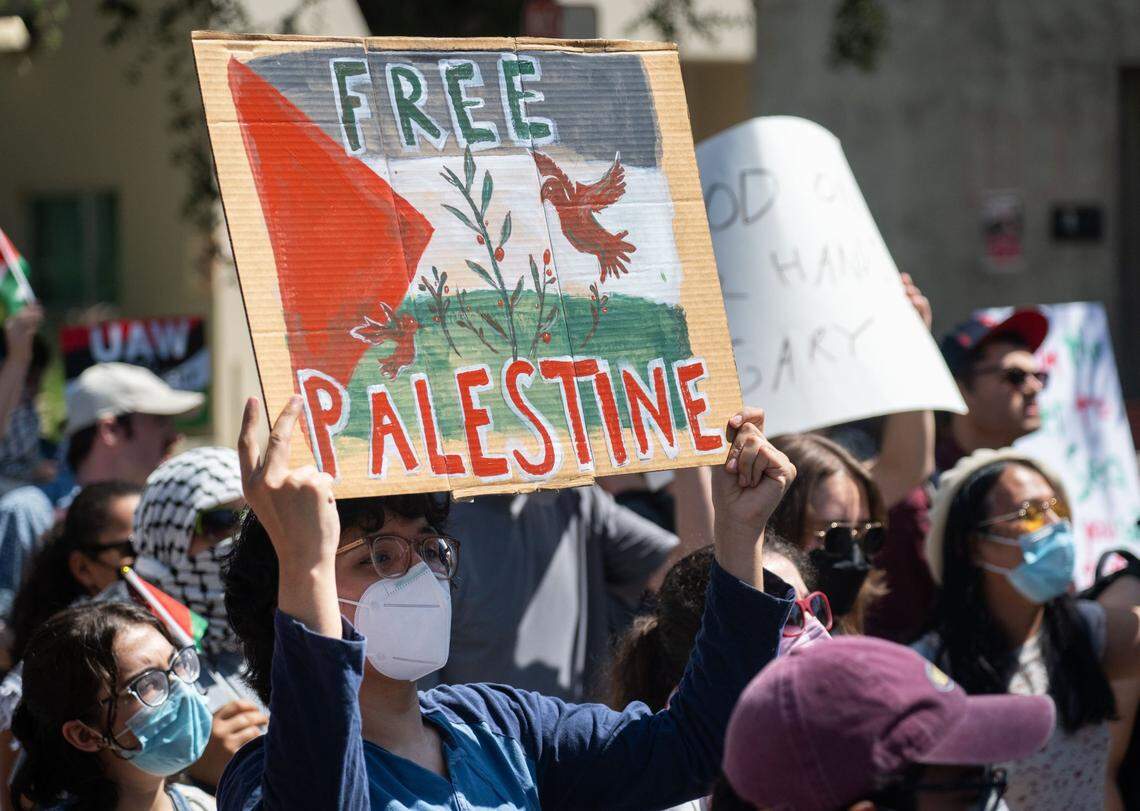 A pro-Palestine protester holds a hand-painted cardboard sign reading “Free Palestine” during a march through the UC Davis campus on Tuesday, June 11, 2024. 
