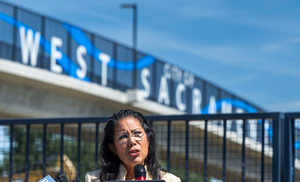 West Sacramento Mayor Martha Guerrero celebrates the official opening of the landmark Sycamore Trail pedestrian and cyclist overpass on Thursday, May 29, 2025. “In 2013, the city adopted our bicycle, pedestrian and trails master plan. A bold and forward thinking vision to make West Sacramento one of the most bicycle and pedestrian friendly communities in the nation,” she said.