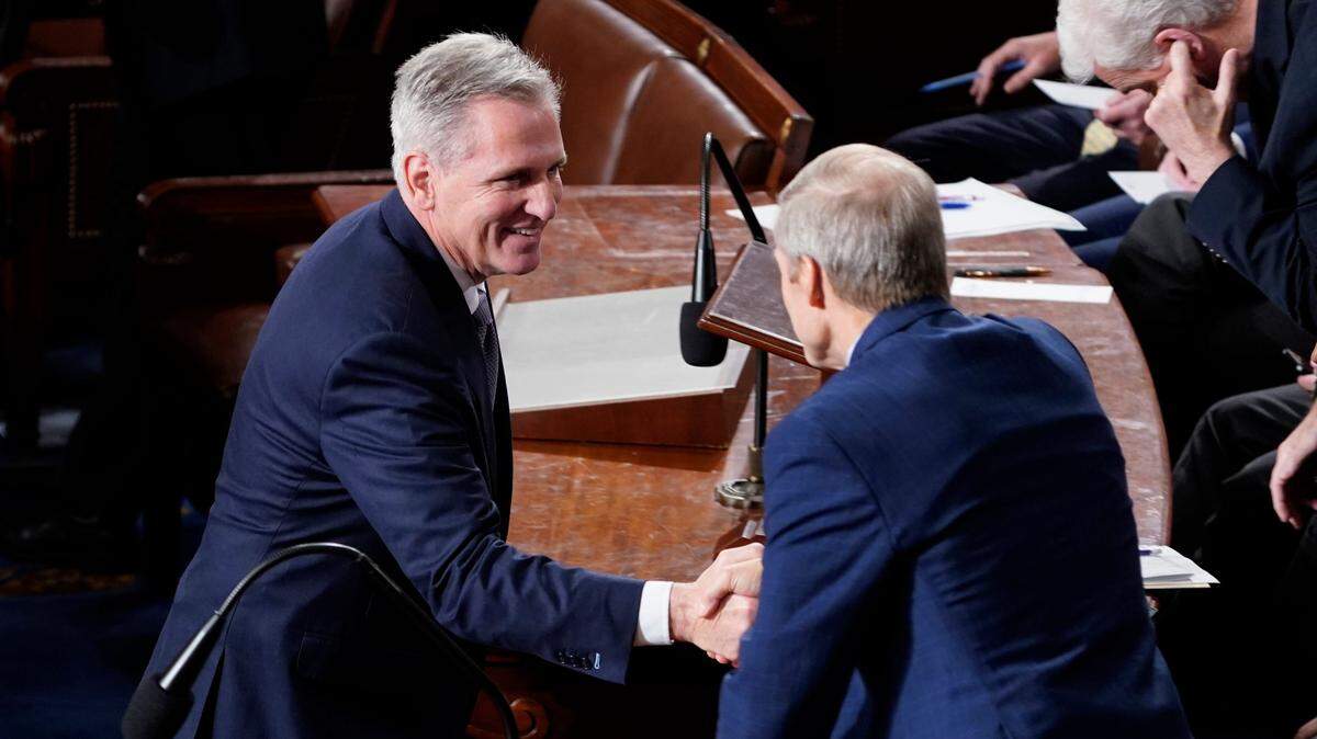 Former Speaker of the House Rep. Kevin McCarthy, R-Calif., shakes hands with Rep. Jim Jordan, R-Ohio, after nominating Jordan at the start of a third speaker vote on the House floor in Washington on Friday, Oct. 20, 2023. Jordan failed to earn the votes needed to become speaker on the third try.