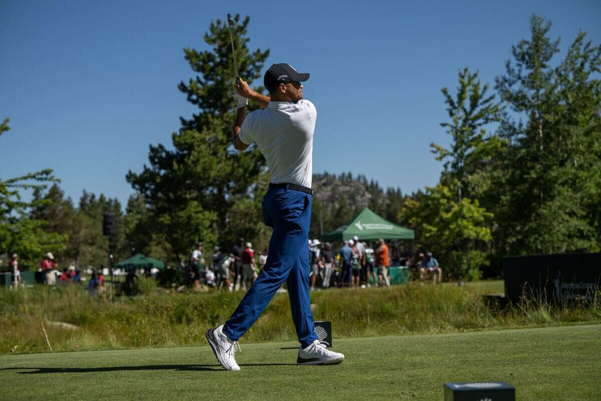 The Golden State Warriors’ Steph Curry participates Friday, July 14, 2023, in the first round of the American Century Championship celebrity golf tournament at Edgewood Tahoe Golf Course in Stateline, Nev.