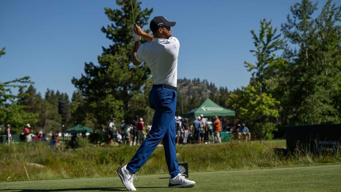 The Golden State Warriors’ Stephen Curry participates July 14, 2023, in the first round of the American Century Championship celebrity golf tournament at Edgewood Tahoe Golf Course in Stateline, Nevada. Curry won’t participate in 2024 due to the Olympics, but other notable athletes will.