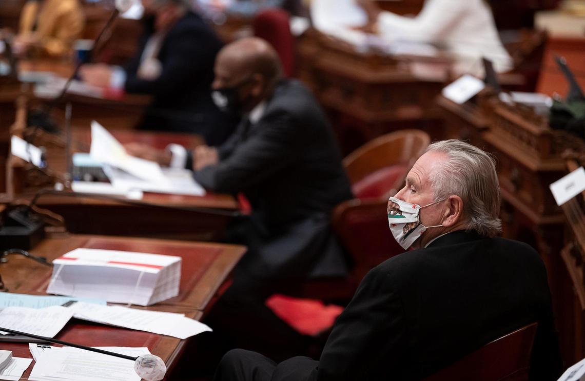 Jim Nielsen, R-Gerber is the lone Republican in the chamber at the State Capitol on Thursday, Aug 27, 2020, in Sacramento. California Republican state senators will be tested for COVID-19 after GOP lawmaker Brian Jones disclosed he was infected with the coronavirus. Nielsen of Tehama, was considered not exposed to the infected lawmaker and participated in votes at the Capitol.