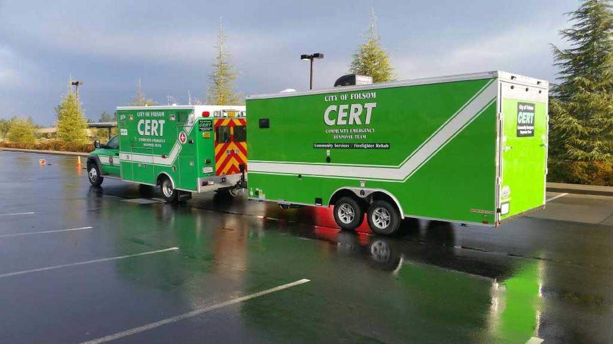 CERT37, a converted Folsom Fire Department ambulance tows a 25 feet long trailer called REHAB37 in an undated photo. The Folsom Fire Department community emergency response team added three new vehicles to its program.