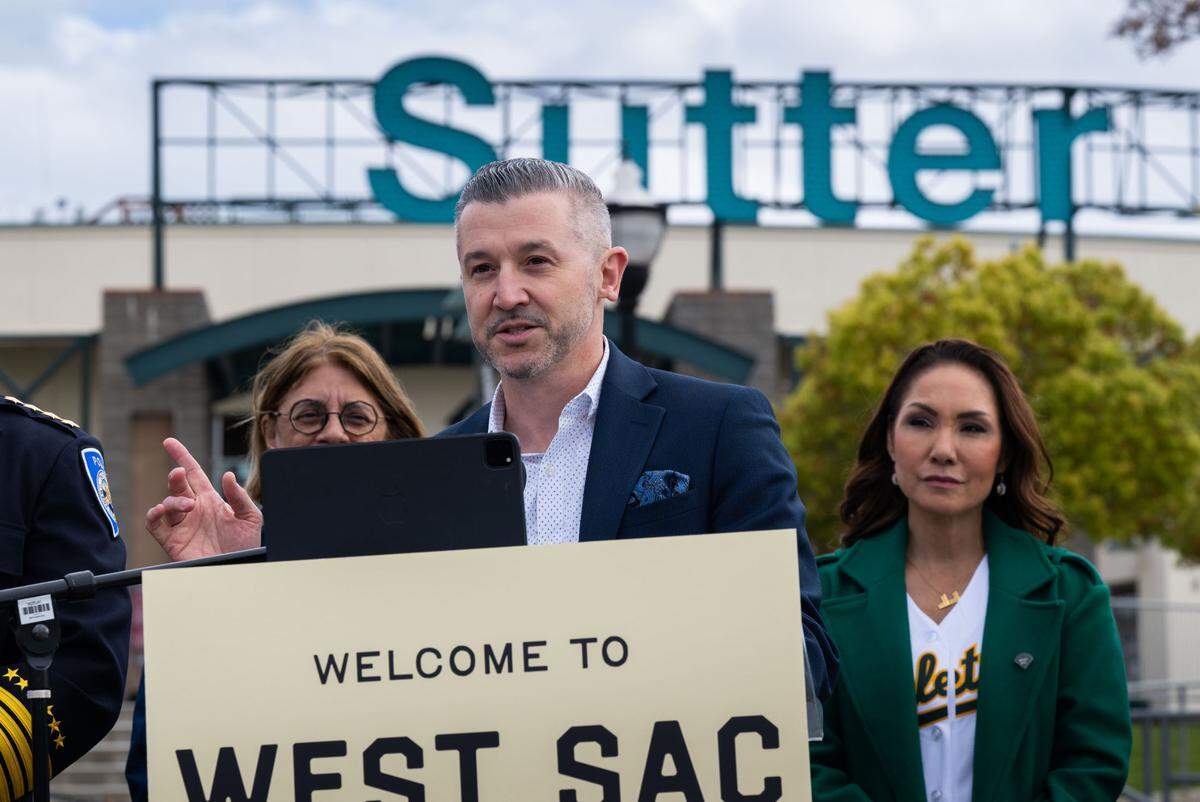 West Sacramento City Manager Aaron Laurel speaks during a press conference at Sutter Health Park on Thursday to officially welcome the Athletics to West Sacramento and celebrate the coming Opening Days for the River Cats and the A’s.