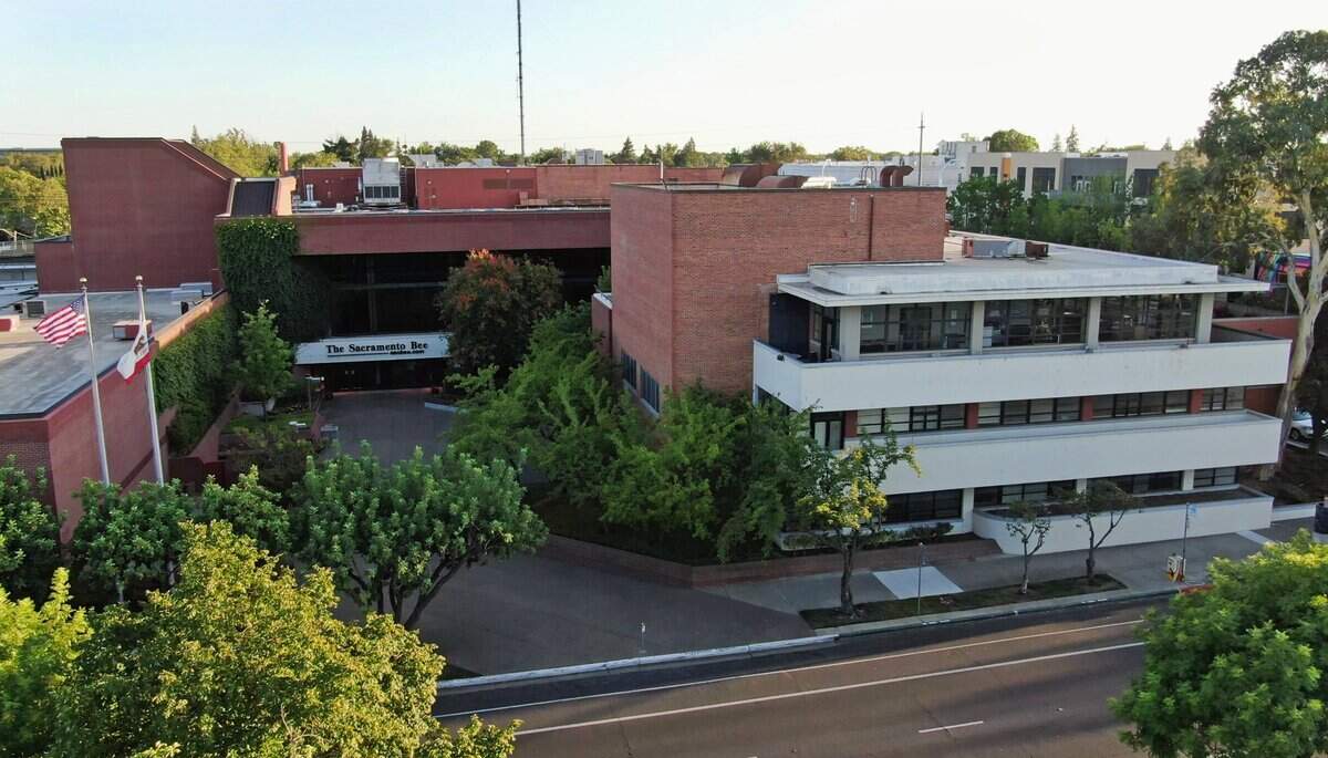 The Sacramento Bee building, shown in a drone image from Aug. 6, 2020, opened in 1952 at 21st and Q streets in midtown Sacramento.