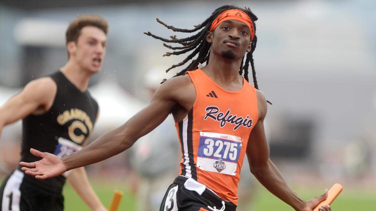 Refugio's Ernest Campbell gestures after his first-place finish in the 400-meter relay during the Class 2A UIL State track and field meet, Friday, May 3, 2024, at Mike A. Myers Stadium in Austin.