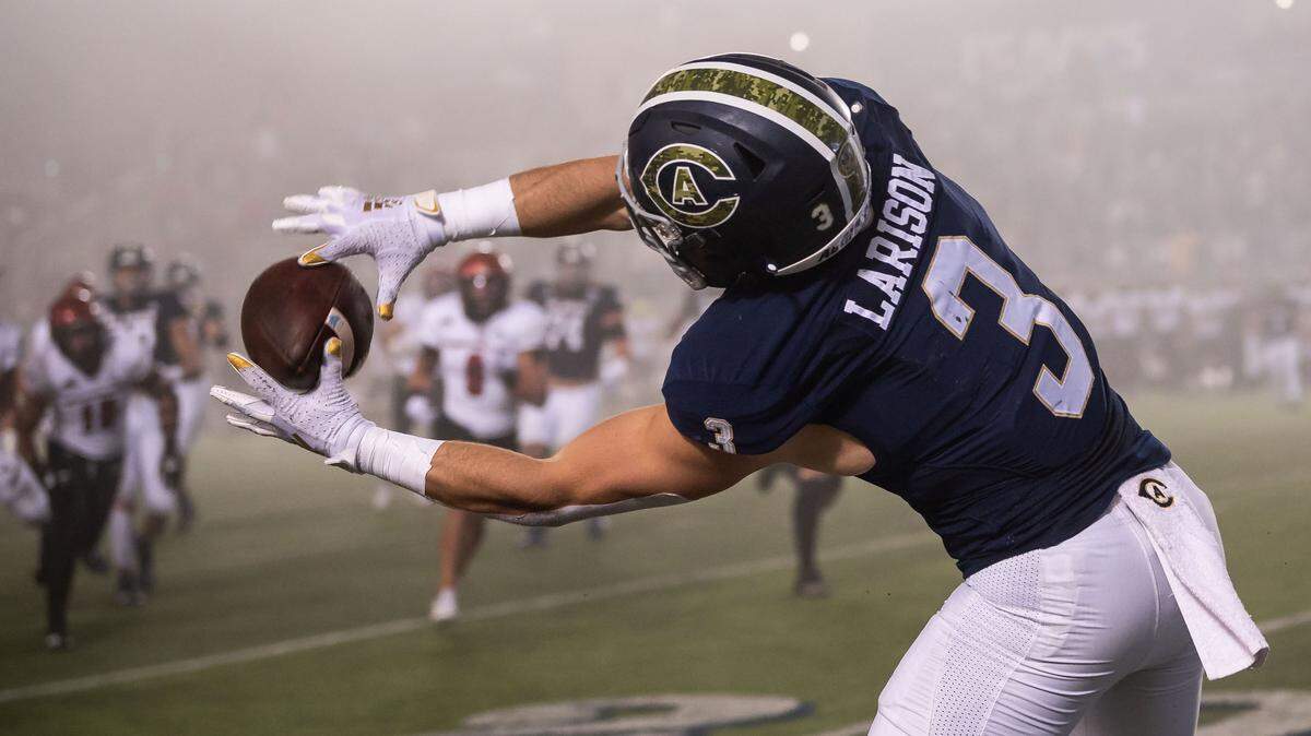 UC Davis Aggies running back Lan Larison (3) pulls in a pass just inbounds UC Davis against Eastern Washington during the second half of the NCAA college football game Saturday, Nov. 13, 2021, at UC Davis Health Stadium. EWU beat UC Davis 38-20 in the Big Sky Conference game.