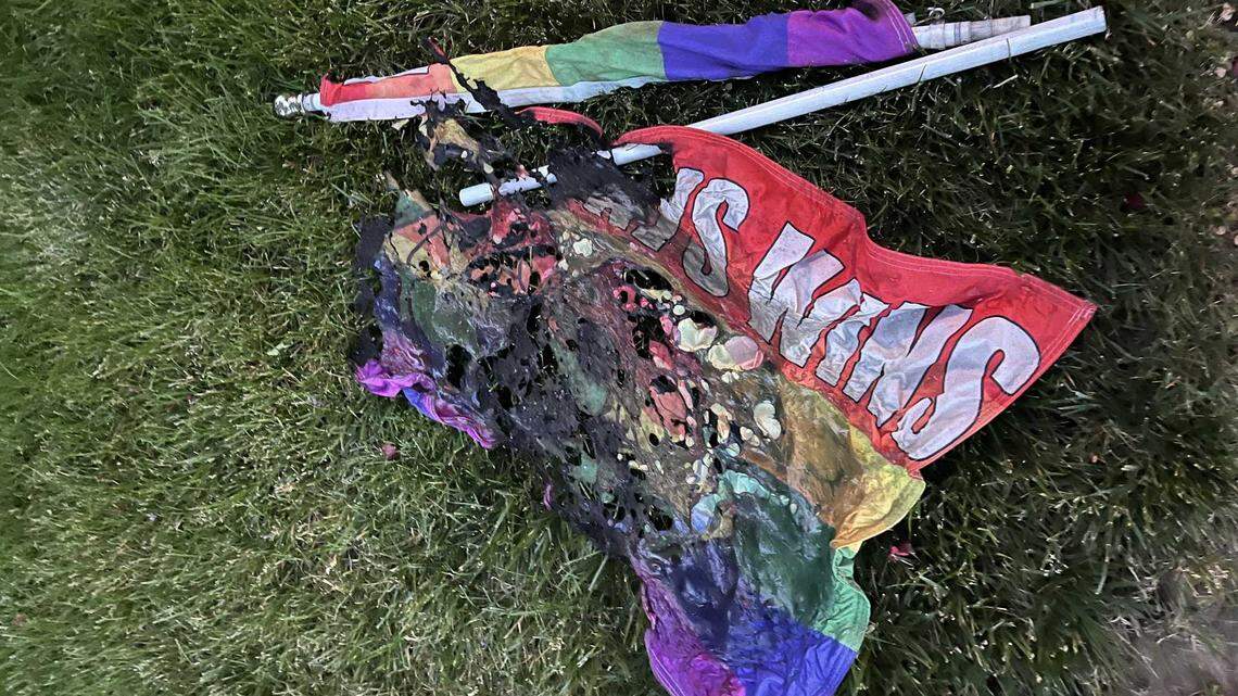 Unidentified vandals took a LGBTQ+ rainbow-colored Pride flag placed outside by the Martinezmoles family and burned it on Wednesday June 7, 2023, in front of their home in Antelope, California.