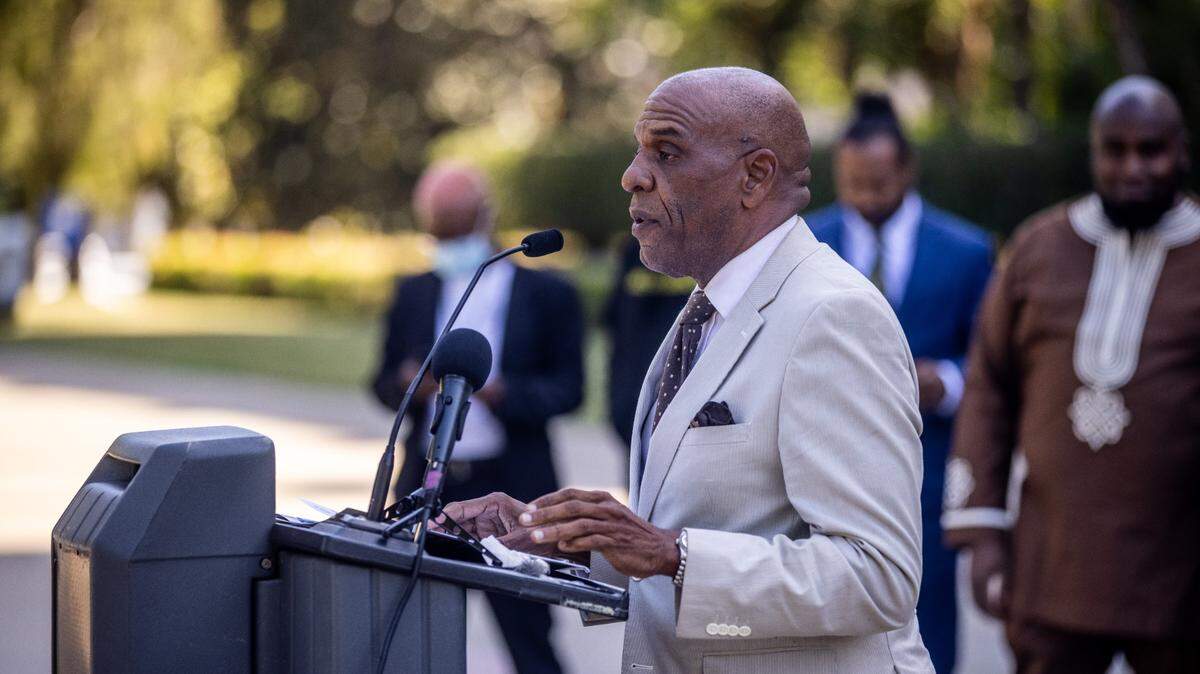 State Sen. Steven Bradford, D-Gardena, speaks about SB 603, which would create a program to waive licensing fees for equity applicants for cannabis businesses, at a press conference at the Capitol in Sacramento on Monday, May 17, 2021.