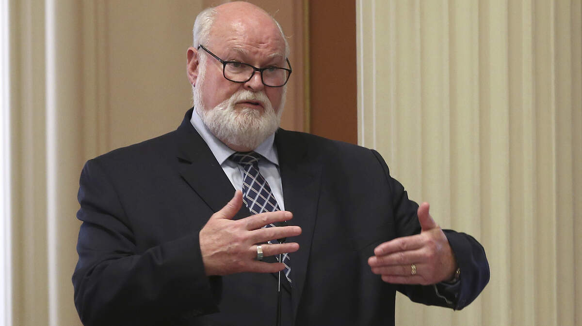 In this photo taken Friday, Aug. 31, 2018, state Sen. Jim Beall, D-San Jose, speaks on a measure before the Senate in Sacramento, Calif. Lawmakers approved Beall’s measure, SB215, that excludes those charged with murder, rape and other sex crimes from recently approved AB1810, which greatly expands the number of criminal suspects who can be diverted to mental health treatment programs and have their charges dismissed. (AP Photo/Rich Pedroncelli)