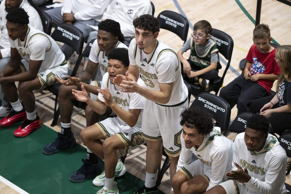 Sacramento State’s bench reacts during a game between Sac State and Presbyterian at Hornet Pavilion in Sacramento on Sunday, Nov. 16, 2025.