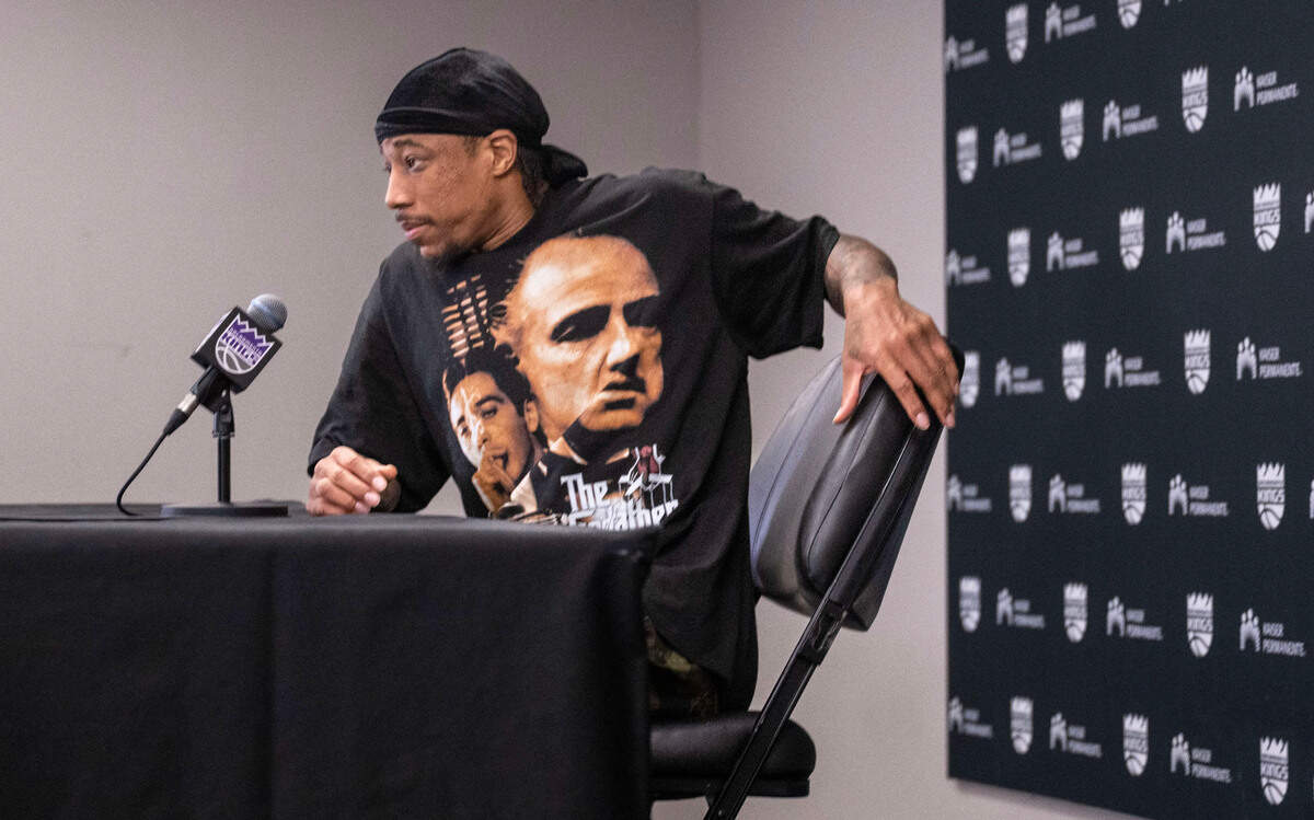 Sacramento Kings forward DeMar DeRozan (10) prepares to leave during an exit interview on Thursday, after the NBA play-in game loss at Golden 1 Center the previous night. DeRozan said he looks forward to working out with teammate Keegan Murray during the summer.