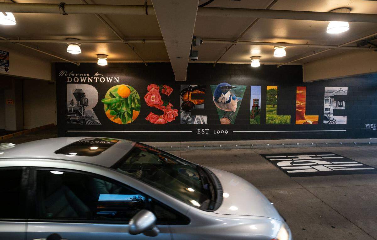 Artist Ellie Gainey’s mural “Junction” graces the inside of the City of Roseville Parking Structure at 405 Vernon Street.