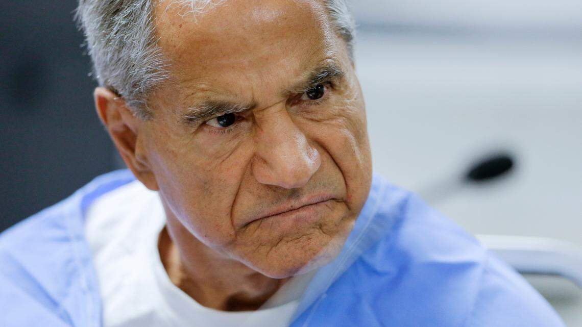FILE - In this Wednesday, Feb. 10, 2016, file photo, Sirhan Sirhan reacts during a parole hearing at the Richard J. Donovan Correctional Facility in San Diego. A parole suitability hearing scheduled for Sirhan Bishara Sirhan on March 12, 2021, has been postponed at the inmate’s request. The hearing is expected to be rescheduled at a future time.