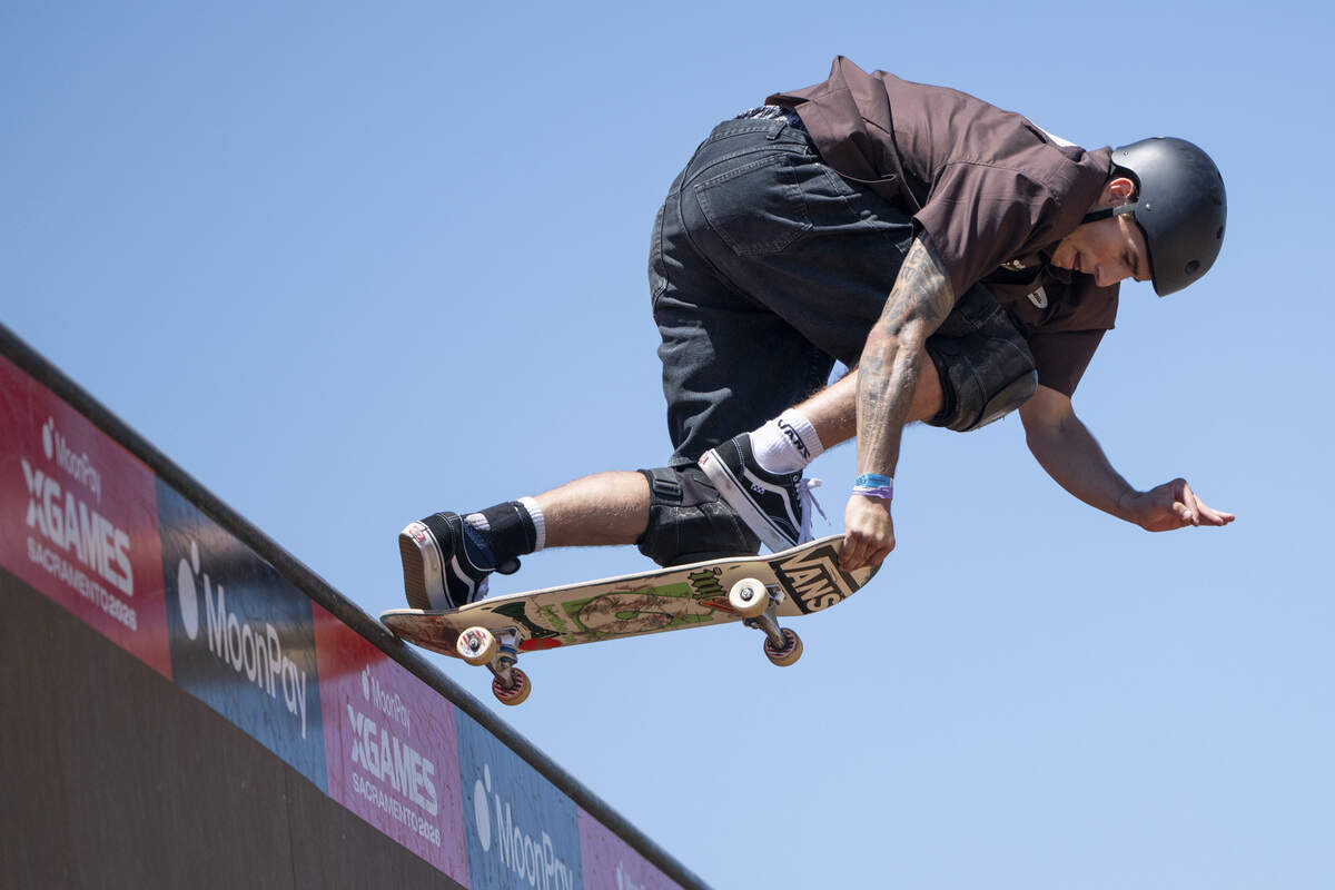 Tate Carew, of San Diego, competes in the Moonpay Men’s Skateboard Vert final as a part of X Games Sacramento at Cal Expo in Sacramento on Sunday, June 28, 2026.