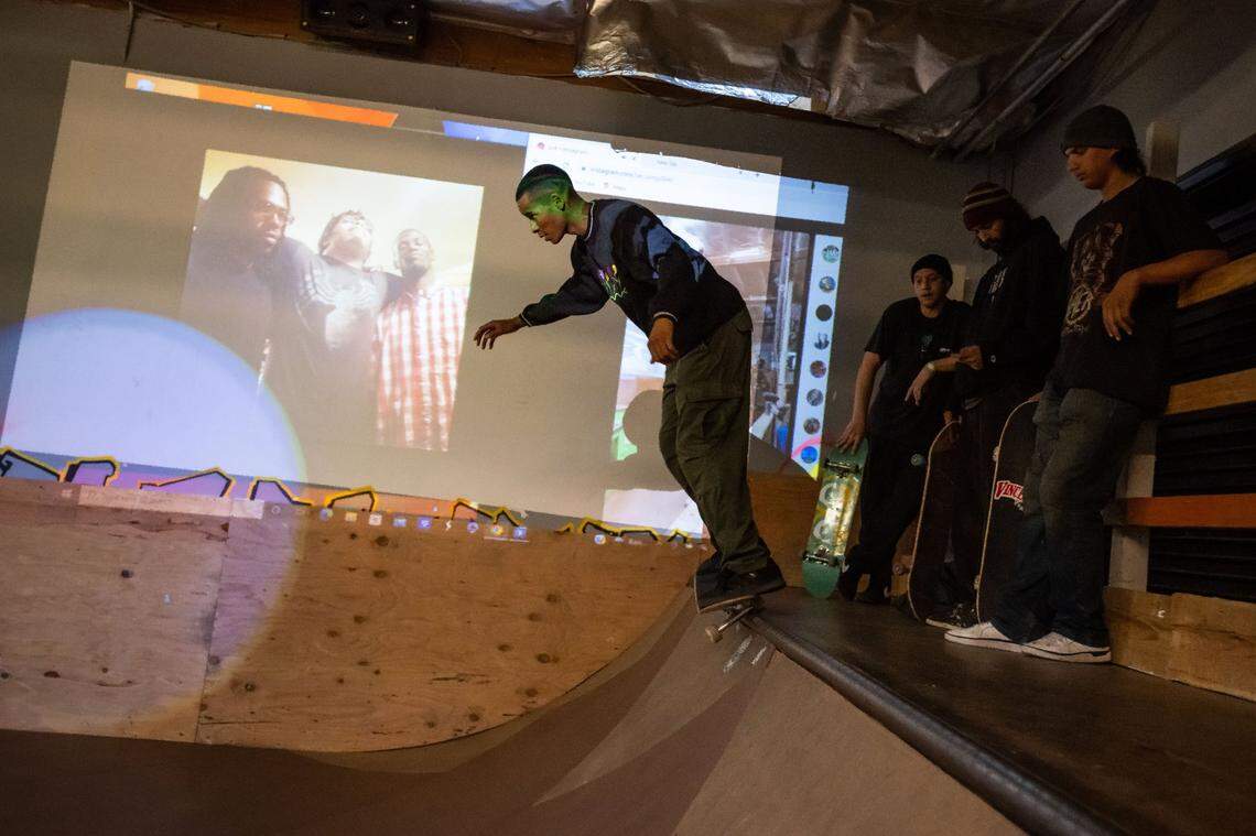 Xavier Williams skateboards at Sac Ramp Skate Shop on Feb. 4 after a memorial and celebration of life for Sacramento native Tyre Nichols, who was beaten by Memphis police and died Jan. 10. 