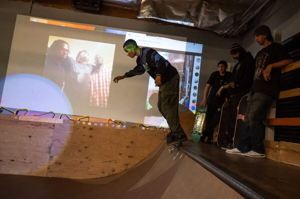 Xavier Williams skateboards at Sac Ramp Skate Shop on Feb. 4 after a memorial and celebration of life for Sacramento native Tyre Nichols, who was beaten by Memphis police and died Jan. 10. 