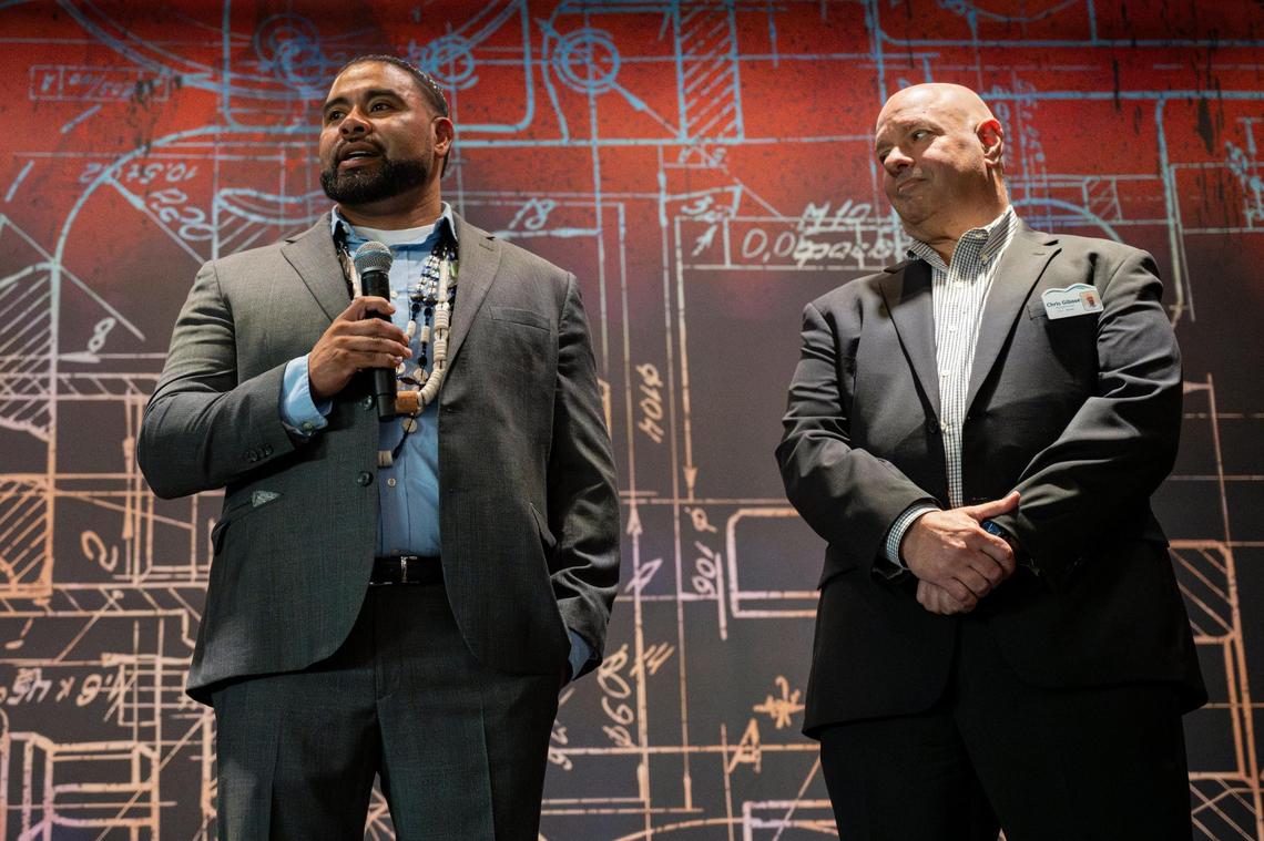 Wilton Rancheria tribal chairman Jesus Tarango, left, and and Sky River Casino president Chris Gibase speak on Thursday, about the one-year anniversary of the opening of the Elk Grove casino.