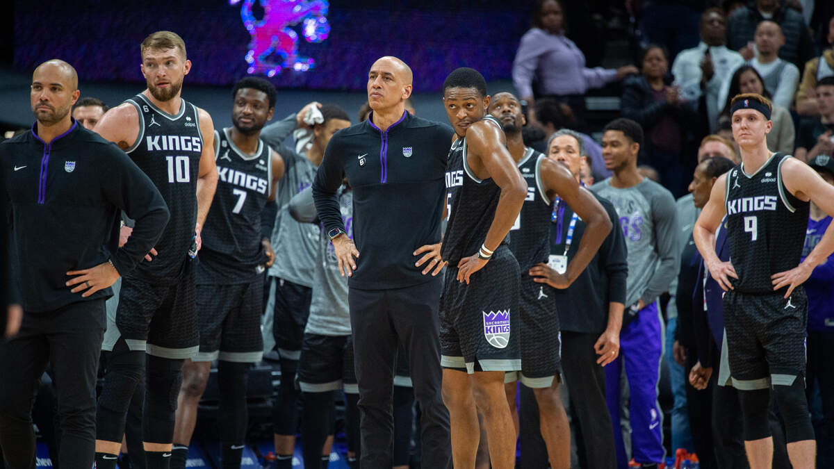 Sacramento Kings forward Domantas Sabonis (10) and Sacramento Kings guard De’Aaron Fox (5) look on as officials review fight between Sacramento Kings forward Trey Lyles (41) and Milwaukee Bucks center Brook Lopez (11) in the final seconds in the fourth quarter during a game mat the Golden 1 Center in Sacramento, Monday, March 13, 2023. They were both ejected from the game,