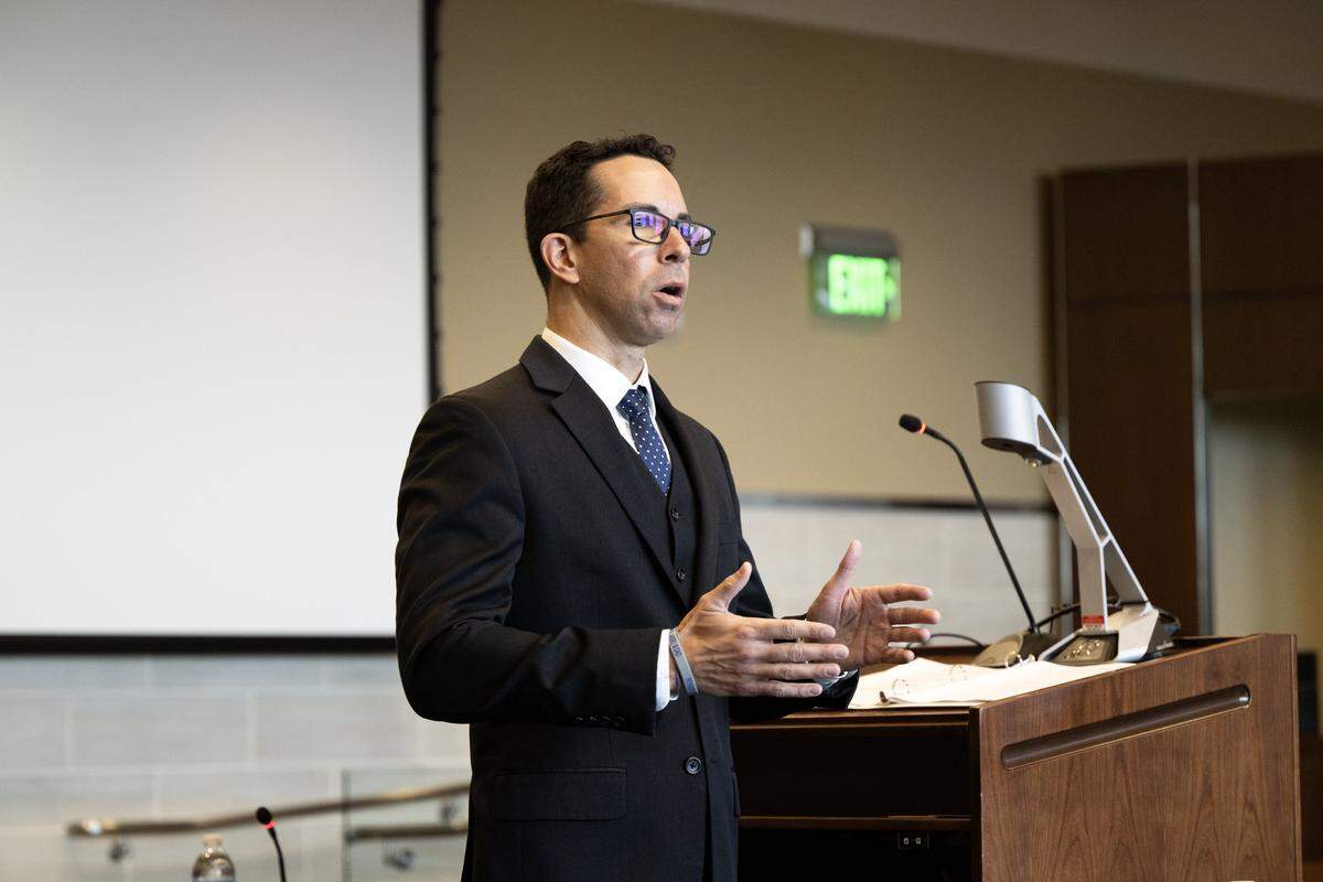 Prosecuting attorney Matthew DeMoura makes his opening statement in the trial of Carlos Dominguez in Superior Court in Woodland on Thursday, May 28, 2026. Dominguez allegedly went on a stabbing spree in Davis in 2023, killing two people and injuring one.