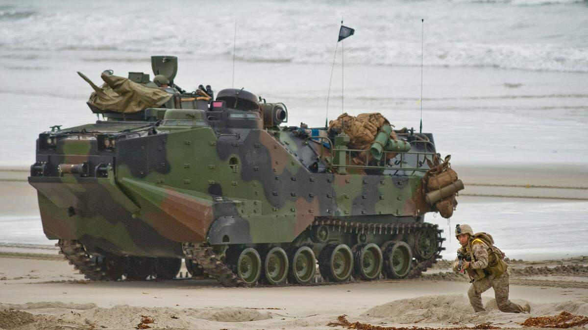 An amphibious vehicle lands on Red Beach in Camp Pendleton during a 2013 training exercise involving 5,000 naval and ground forces from the U.S., Canada, Japan and New Zealand.