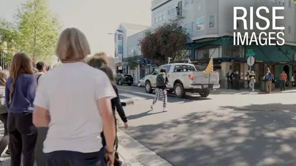 Onlookers pelted a “People’s Convoy” demonstration in Oakland, California, with eggs, videos show.