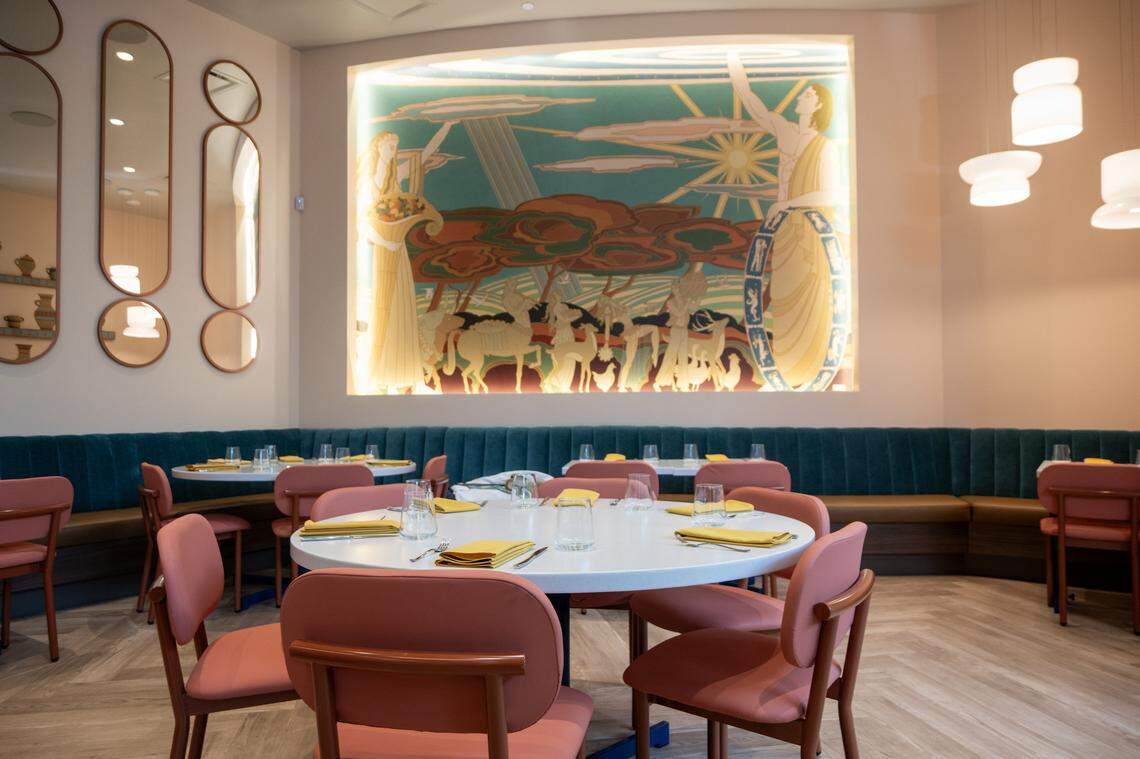 The image of Aiona on the wall at Aiona restaurant in downtown Sacramento is inspired by Greek mythology and is connected to Aion, a figure associated with cyclical time, renewal, and rebirth. This theme reflects both the cuisine and the revitalization of the space, which opens in Sacramento on Monday, April 20, 2026.