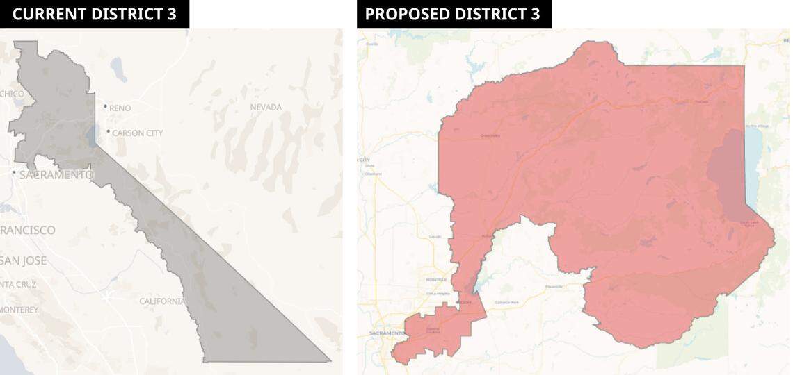 California’s 3rd Congressional District, currently represented by Kevin Kiley, would lose its long tail into the eastern Sierra and pick up parts of of Sacramento and Folsom.