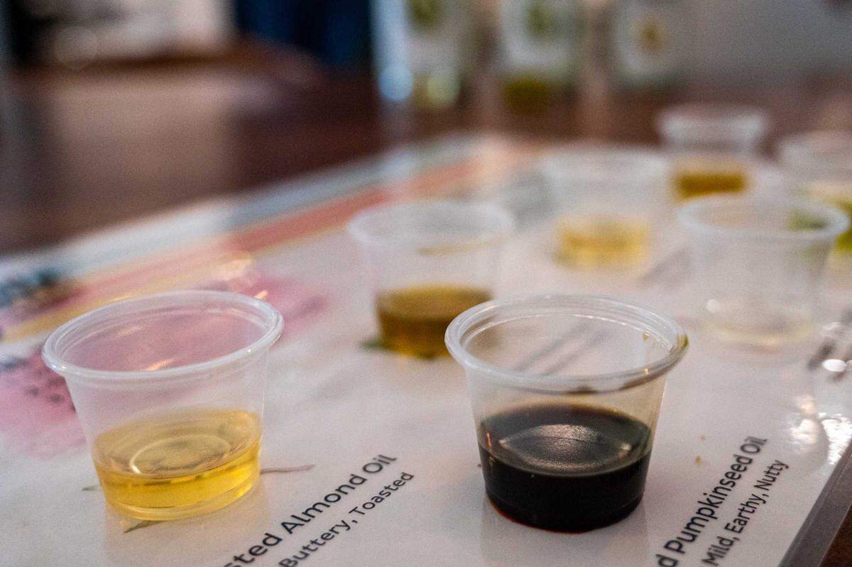 Various nut and infused oil samples are available for tasting at La Tourangelle Artisan Oil Mill in Woodland on Monday, July 7, 2025.