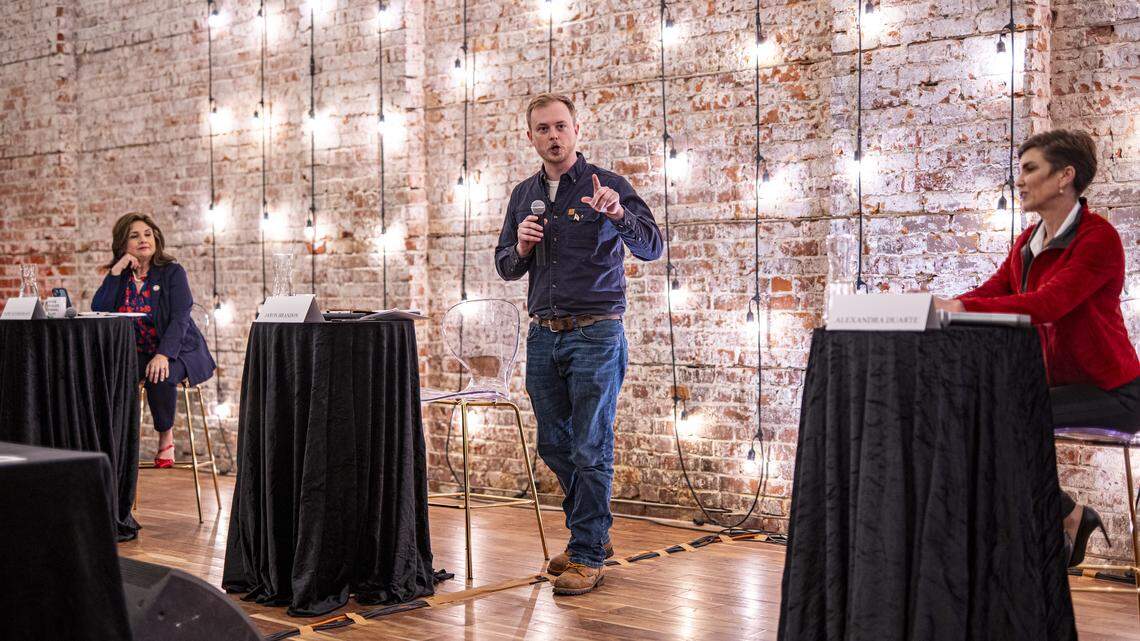 Left, Sen. Marie Alvarado-Gil, middle, Tuolumne County Supervisor Jaron Brandon, and right, farmer Alexandra Duarte. The three candidates took part in an in-person debate on April 9.
