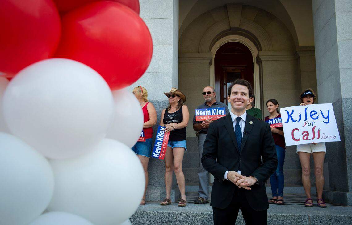 Assemblyman Kevin Kiley, R-Rocklin, stands with supporters on the west steps of the Capitol on Saturday, July 10, 2021, to officially kick off his campaign to replace Gov. Gavin Newsom in the recall election.