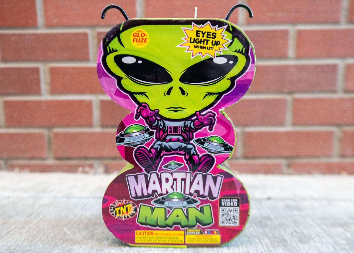“Martian Man” sits on the ground before testing on Monday. The TNT Fireworks fountain’s eyes glowed during parts of the pyrotechnic performance.