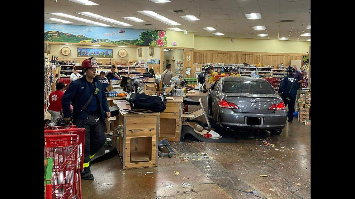 A car plunged through a California Trader Joe’s, injuring eight people, including one child, according to media reports. Photo from Alameda County Fire Department