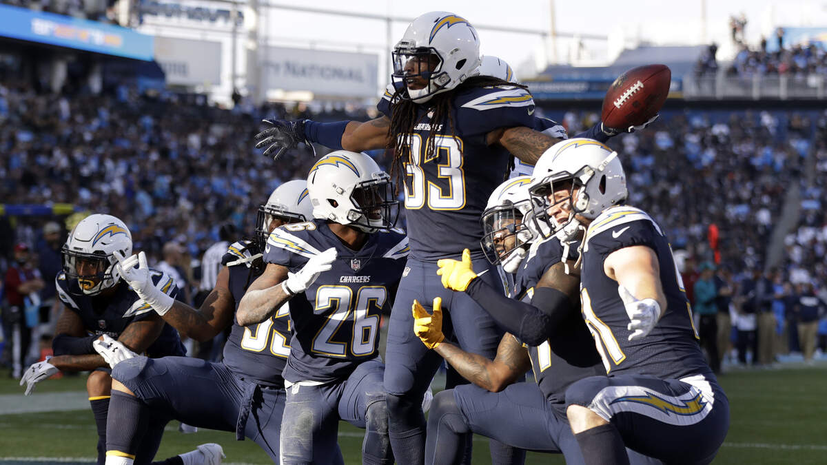 Los Angeles Chargers free safety Tre Boston (33) celebrates his interception with teammates during a game against the Raiders on Dec. 31, 2017, in Carson. The video game “Madden NFL 19” erroneously has the Chargers still playing in San Diego but will fix it in an update later this month.