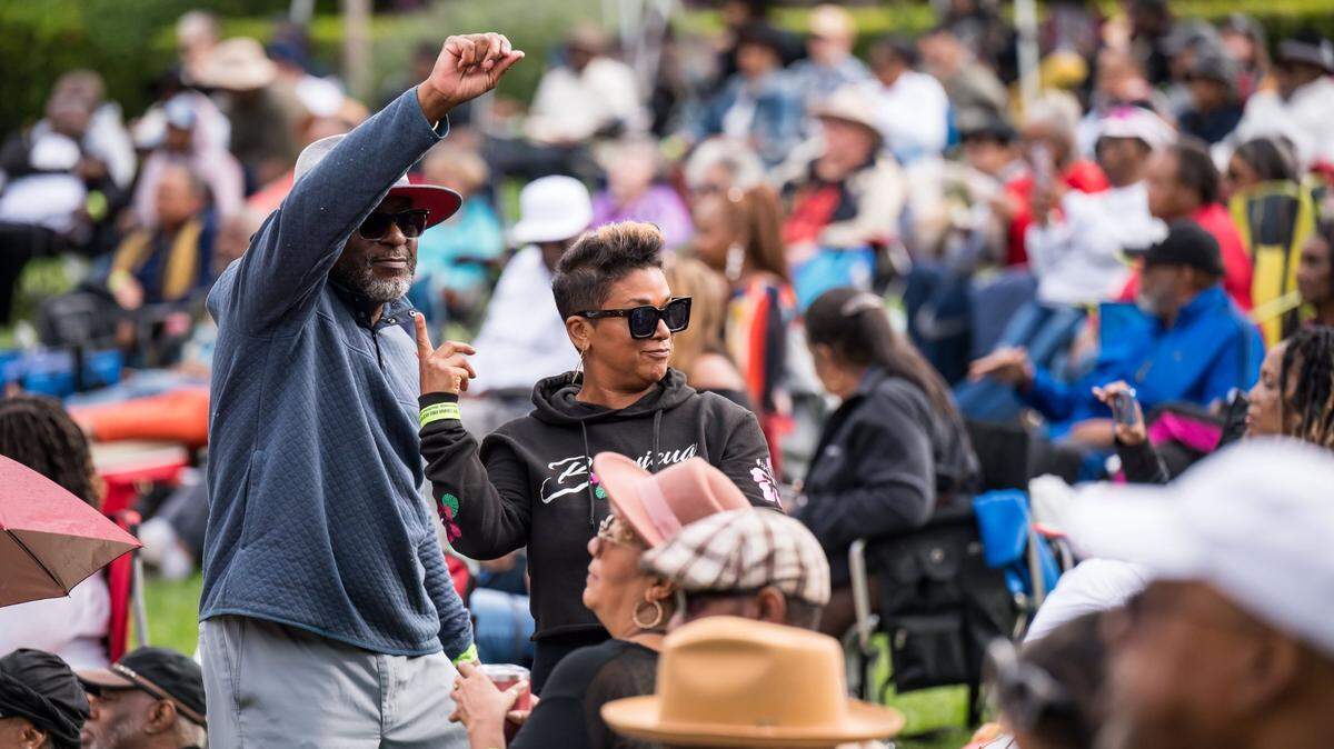 Maria Dominguez points to dance partner Rod Gaulman during the inaugural Elk Grove Fall Jazz Festival on Sept. 30, 2023, at the Laguna Town Hall amphitheater. Event organizers plan the inaugural Elk Grove Spring Music Festival on May 11 at the same venue.