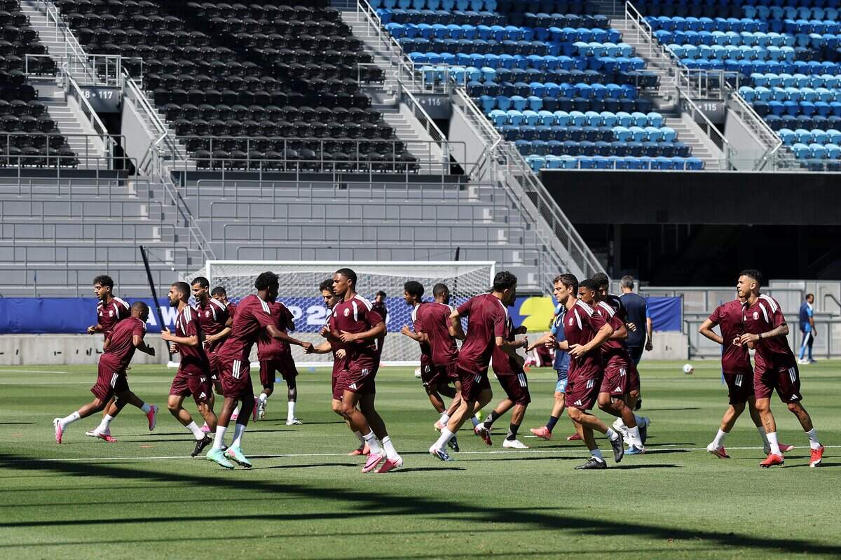 Qatar players participate in a drill during the training and press conference of Qatar one day ahead of the FIFA World Cup 2026 Group B match between Qatar and Switzerland at Levi’s Stadium on Friday in Santa Clara.