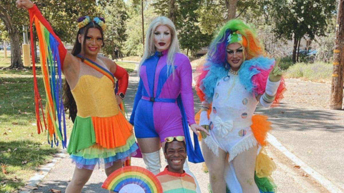 Drag performers Valshapero, Shadybee, Adriana Diamond and Ash N Tell pose for a photo at Placer Pride.