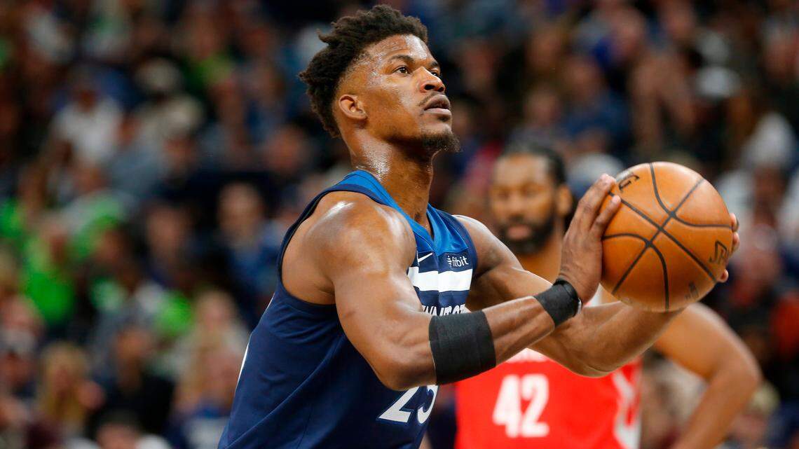 Minnesota Timberwolves’ Jimmy Butler plays against the Houston Rockets in the first half during Game 3 of an NBA basketball first round playoff series April 21, 2018, in Minneapolis.