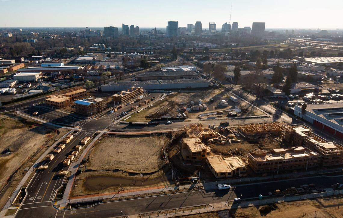 Construction of Mirasol Village, a mixed income project that replaces the former Dos Rios public housing complex, in underway on Feb. 10, 2021, north of downtown Sacramento in the River District.