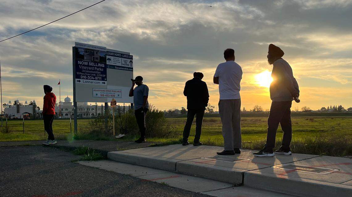 Members of the Gurdwara Sacramento Sikh Society, a temple in Sacramento County’s Vineyard neighborhood, wait for news about about explosions and a fire at the temple on Monday, Jan. 29, 2024.