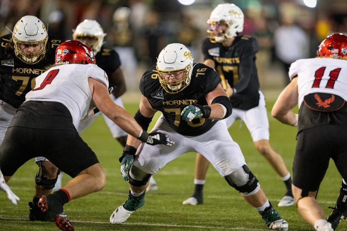 Sacramento State Hornets OL Jackson Slater (76) prepares to block in the first half football game against Eastern Washington Eagles on Saturday, Oct. 12, 2024 at Hornet Field.