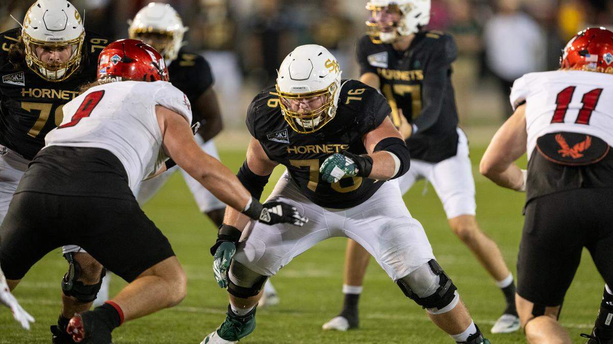 Sacramento State Hornets OL Jackson Slater (76) prepares to block in the first half football game against Eastern Washington Eagles on Saturday, Oct. 12, 2024 at Hornet Field. Slater was selected to prestigious East-West Shrine Bowl, Jan. 30 at AT&T Stadium in Texas.