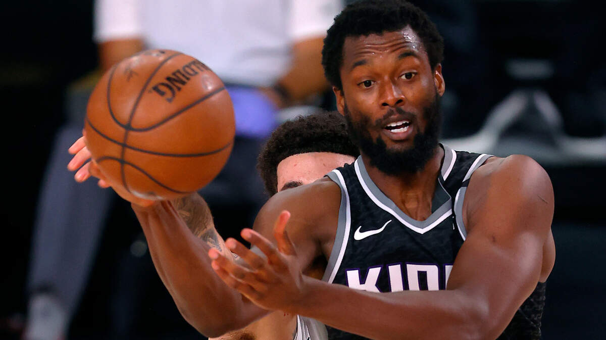 Sacramento Kings’ Harrison Barnes handles the ball during the second half of an NBA basketball game against the New Orleans Pelicans Tuesday, Aug. 11, 2020, in Lake Buena Vista, Fla. (Mike Ehrmann/Pool Photo via AP)