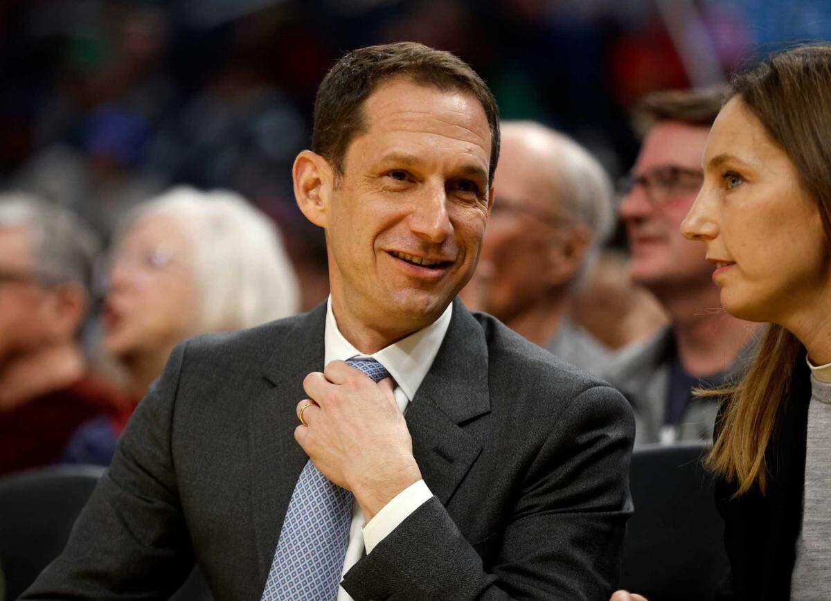 San Francisco Mayor Daniel Lurie sits at high school basketball game in January 2025 at the Chase Center in San Francisco.